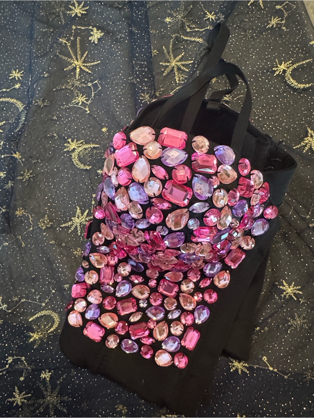 Embellished spaghetti strap crop tank with Pink & Lavender Gems. Versatile piece
